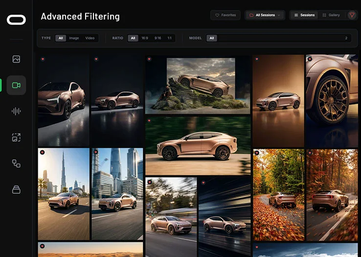 Advanced Filtering view: type, ratio and model filters above a mixed grid of generated stills and video frames