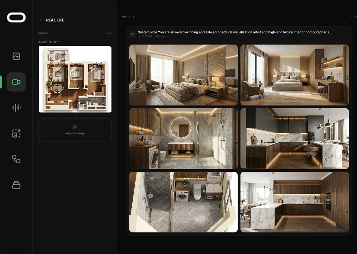 The Real Life application: a floor plan uploaded on the left, six photographic interior renders returned on the right